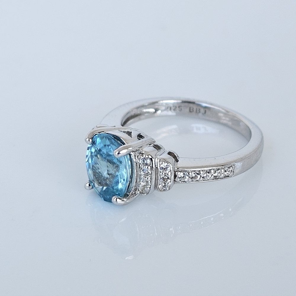 Natural Cambodian Blue Zircon & White Zircon Ring Sterling Silver Size 6 - Picture 3 of 10